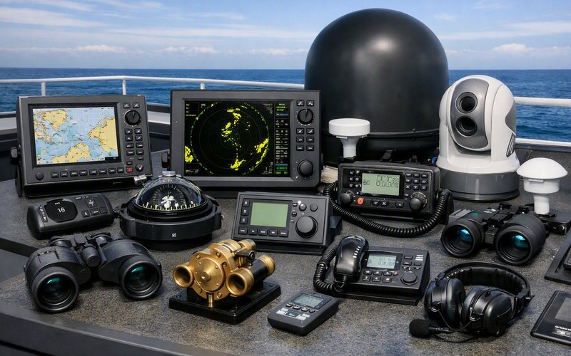 Marine radar and ECDIS displays, GMDSS radio, satellite communication dome, magnetic compass and binoculars