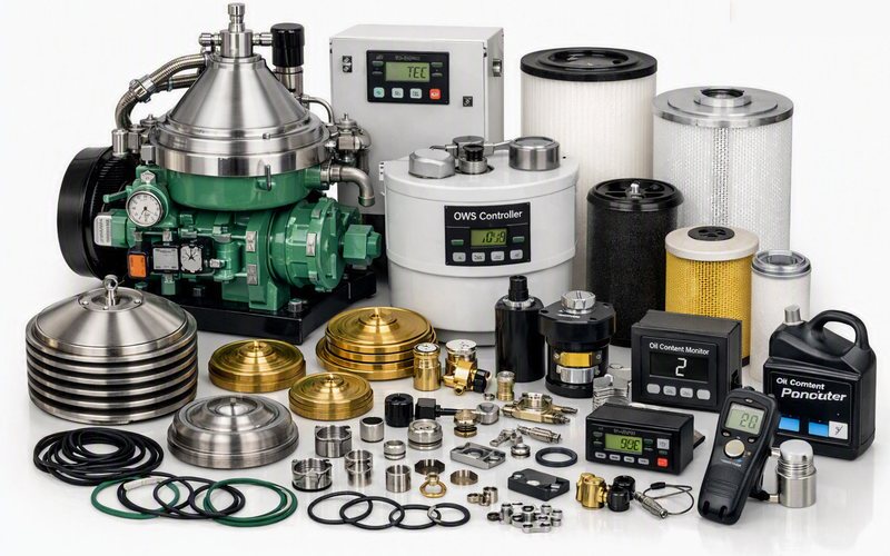 Oil purifier bowl and disc stack with oily water separator filter elements and oil content monitor