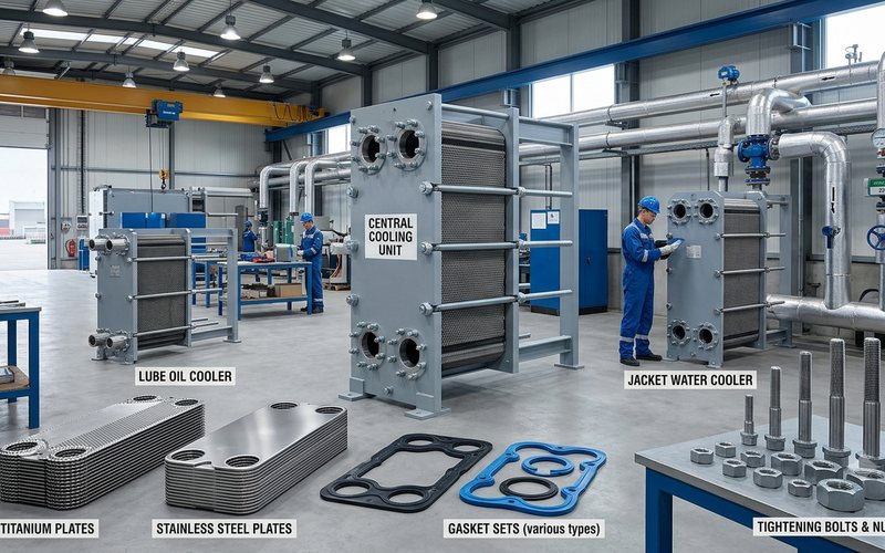 Plate heat exchangers and lube oil coolers with plate packs and gasket sets in a workshop