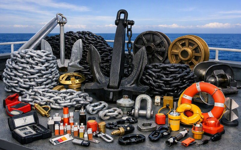 Anchors, galvanised and black stud-link chain cable, kenter and joining shackles, swivels, chain stoppers and windlass gypsy wheels