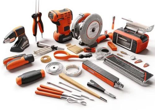 Marine electrical equipment, power tools and consumables laid out for supply