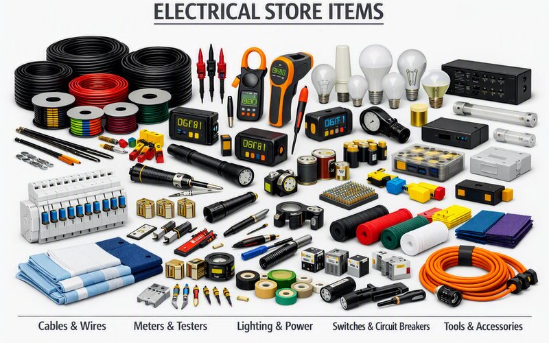 Electrical store items: cables and wire spools, clamp meters and testers, lamps and tube lights, circuit breakers, terminal blocks and extension leads