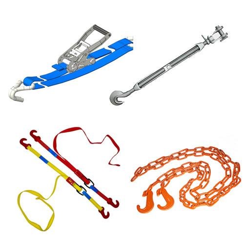 Cargo lashing equipment including webbing straps, chains, tensioners and load binders